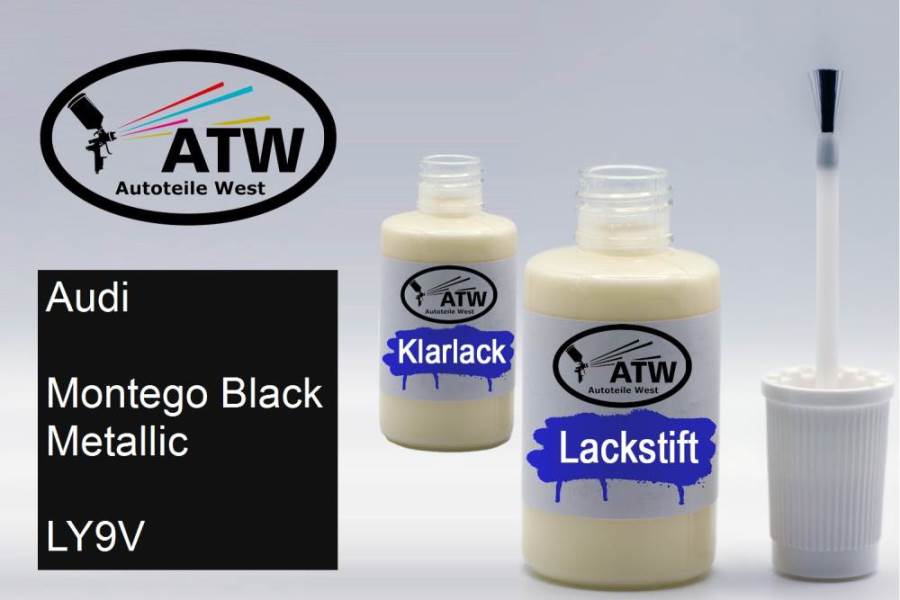 Audi, Montego Black Metallic, LY9V: 20ml Lackstift + 20ml Klarlack - Set, von ATW Autoteile West.